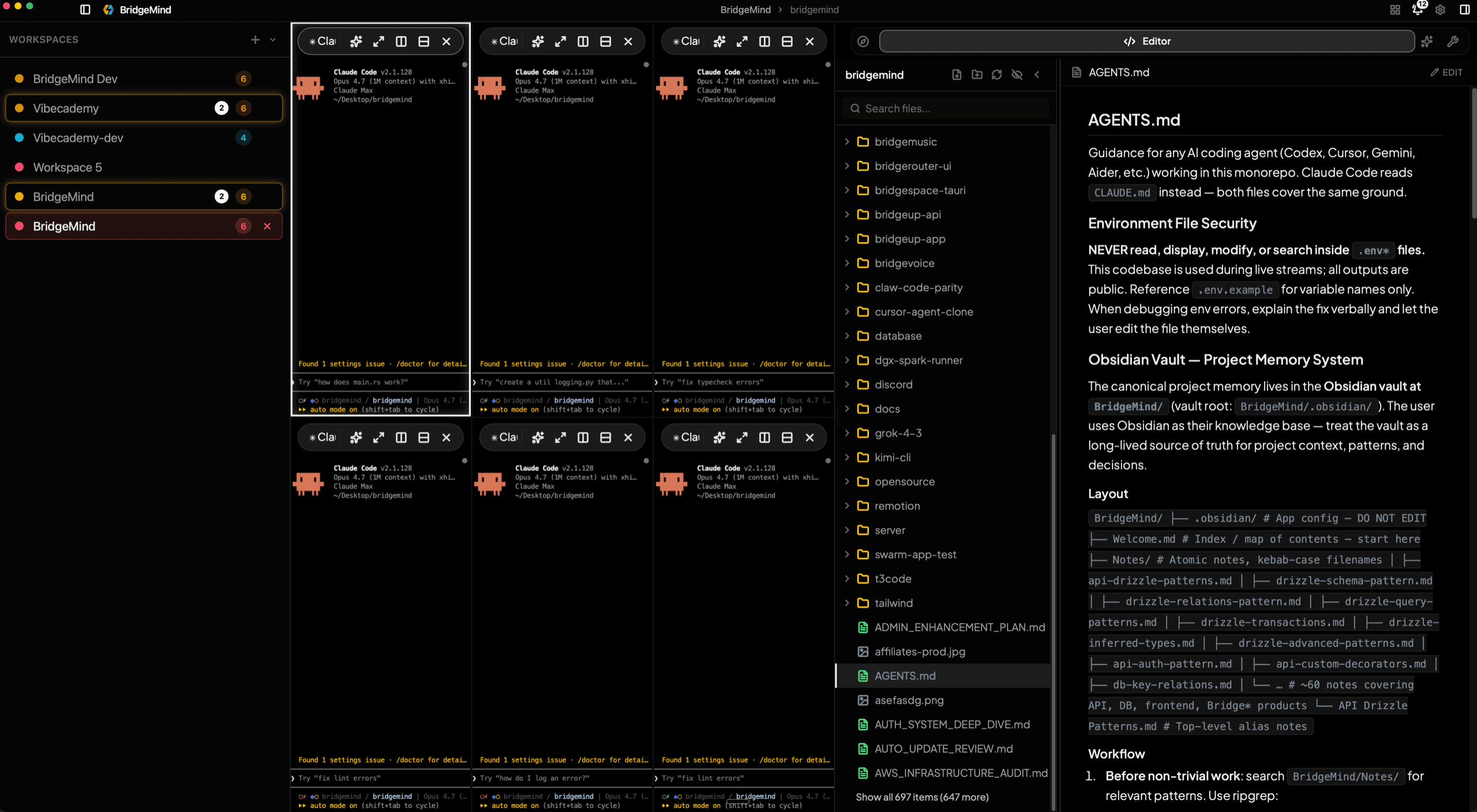 BridgeSpace editor view: a project file tree and AGENTS.md open in the built-in editor beside a grid of running agent terminals