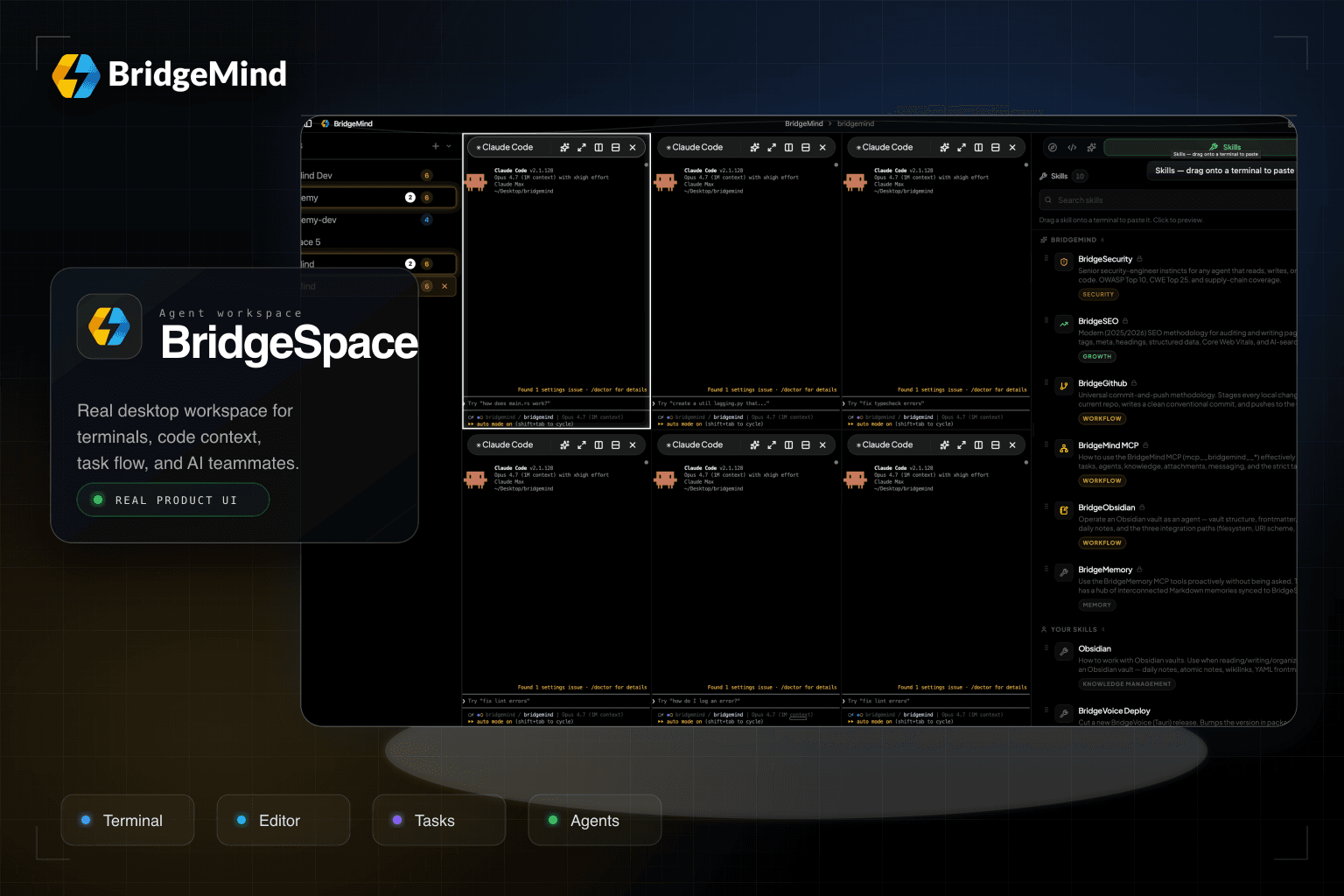 BridgeSpace product infographic using a real desktop app screenshot with multi-pane terminals, workspace tabs, skills, and BridgeMind branding.