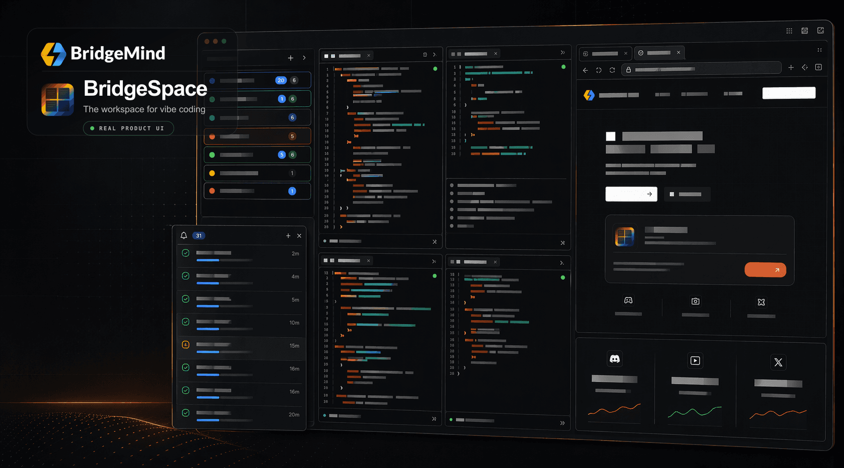 Branded BridgeMind BridgeSpace marketing image based on the real BridgeSpace UI, showing the workspace sidebar, terminal panes, browser surface, notifications, and BridgeSpace product identity.