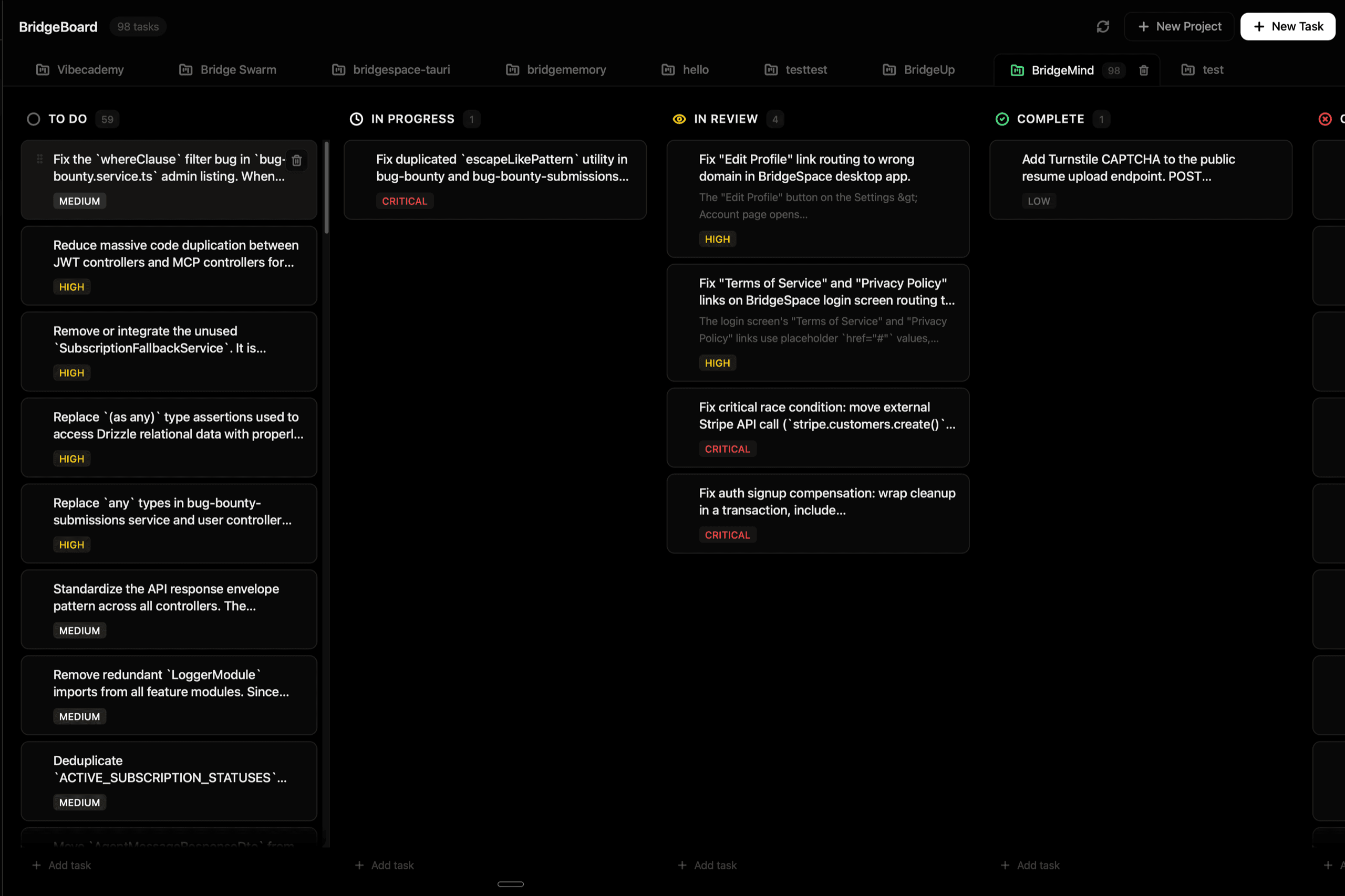BridgeBoard kanban in BridgeSpace with To do, In progress, In review, and Complete columns of real engineering tasks across multiple projects