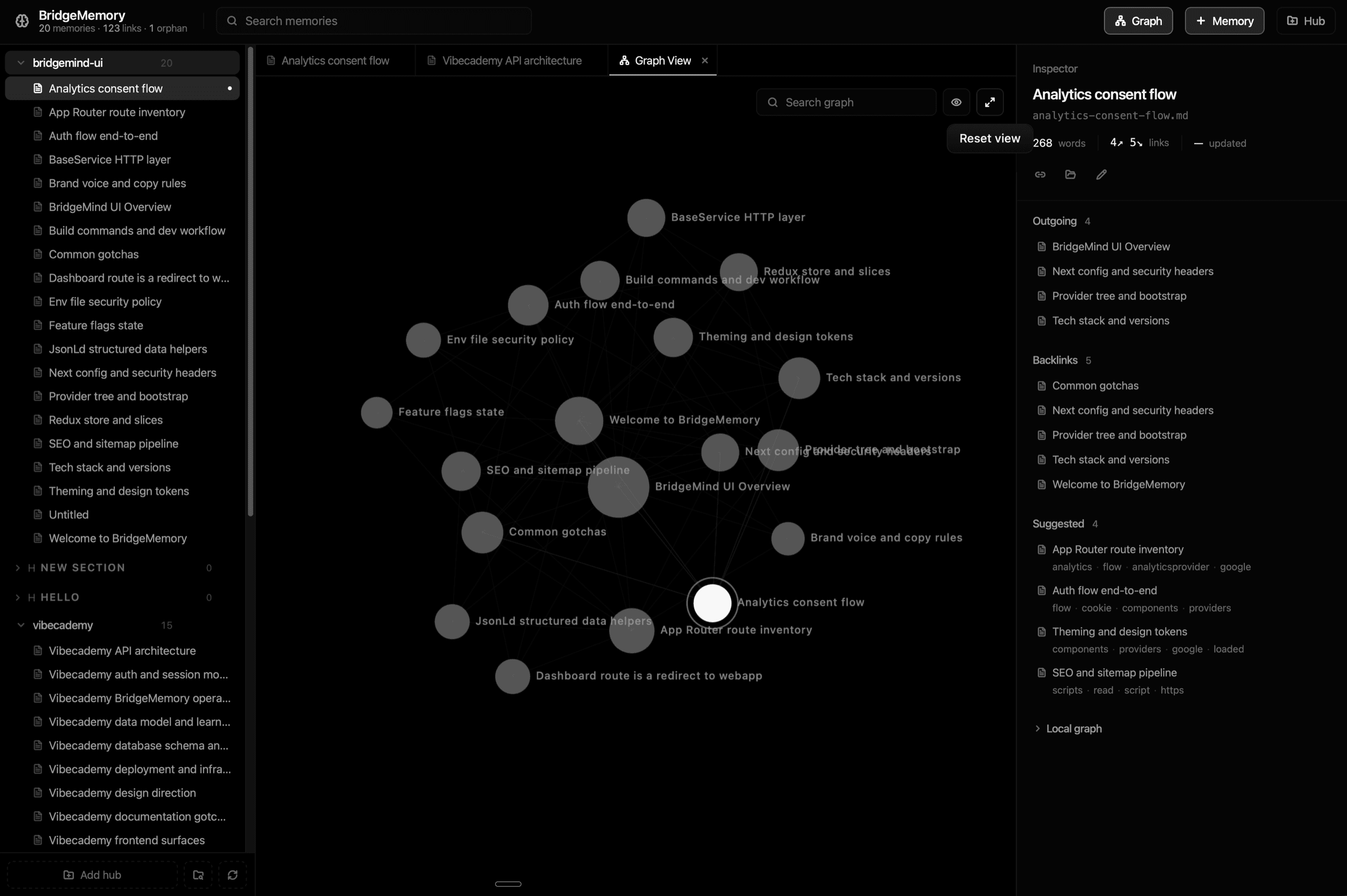 BridgeMemory in BridgeSpace showing a linked knowledge graph of project memories, with per-note backlinks and suggested connections in an inspector panel