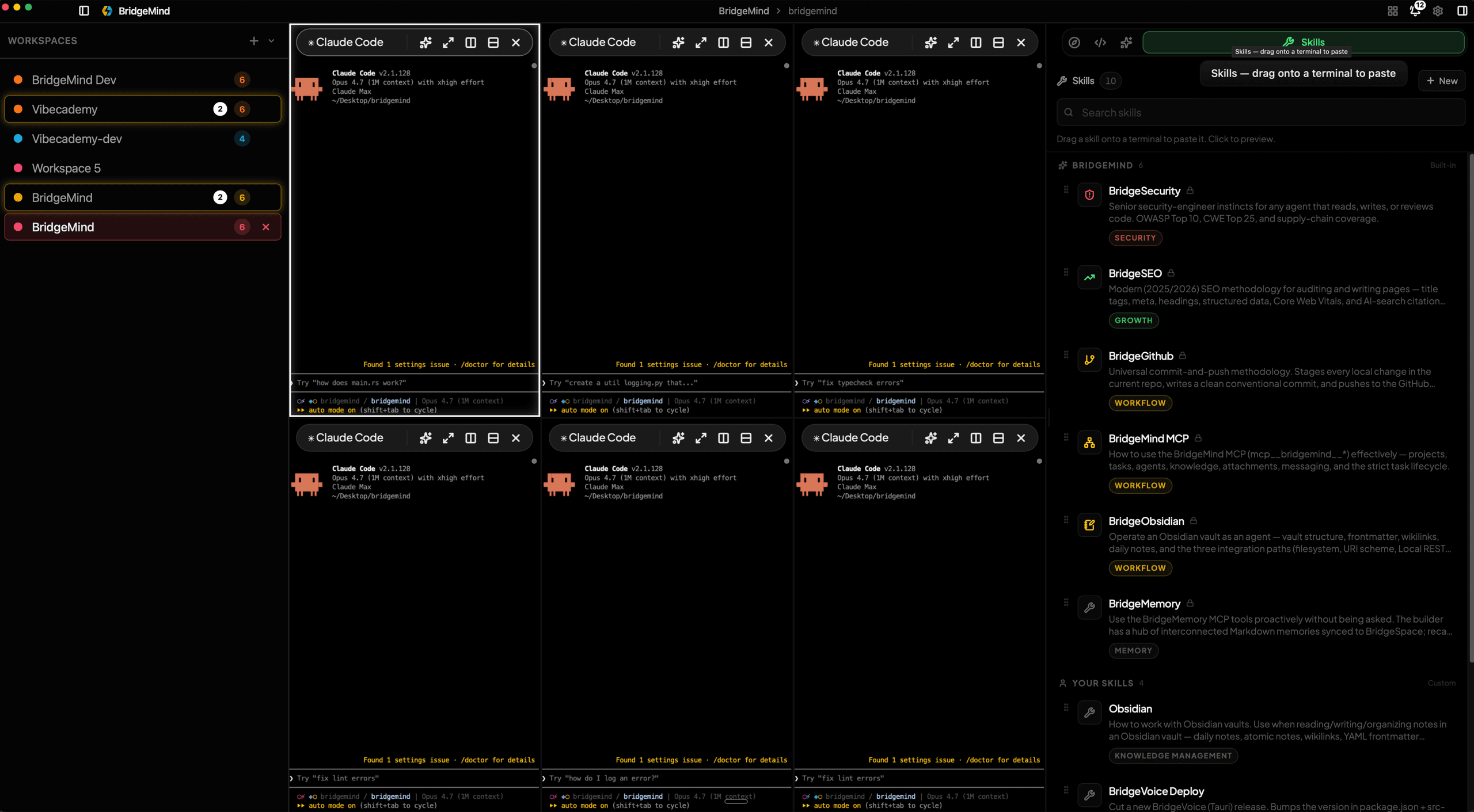 BridgeSpace terminal grid running six Claude Code agents in parallel, with the Skills panel open showing drag-and-drop skills like BridgeSecurity, BridgeSEO, and BridgeGithub