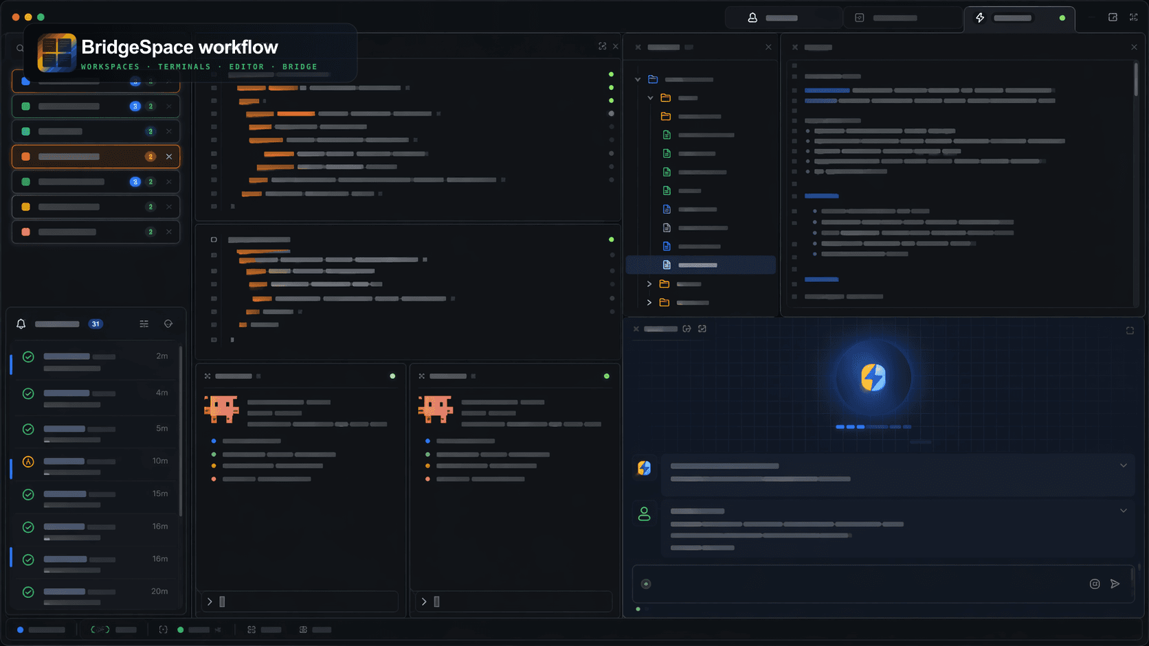 BridgeSpace workflow marketing image based on the real UI, showing workspaces, terminal panes, editor context, Bridge assistant, and notifications.