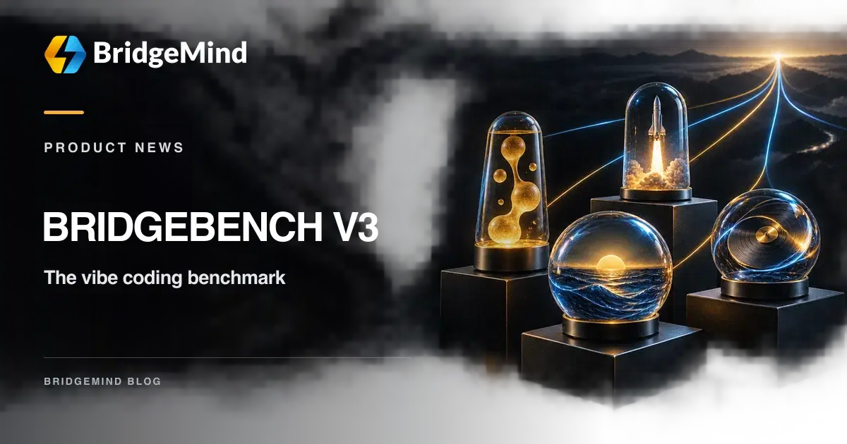 BridgeMind branded BridgeBench V3 cover with four illuminated miniature design scenes and blue and amber light paths