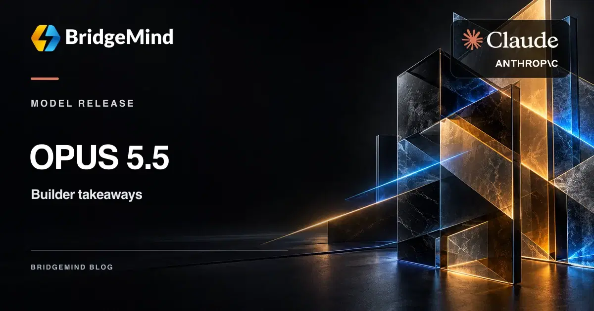 BridgeMind branded Opus 5.5 cover with official Claude and Anthropic logos over an illuminated glass sculpture
