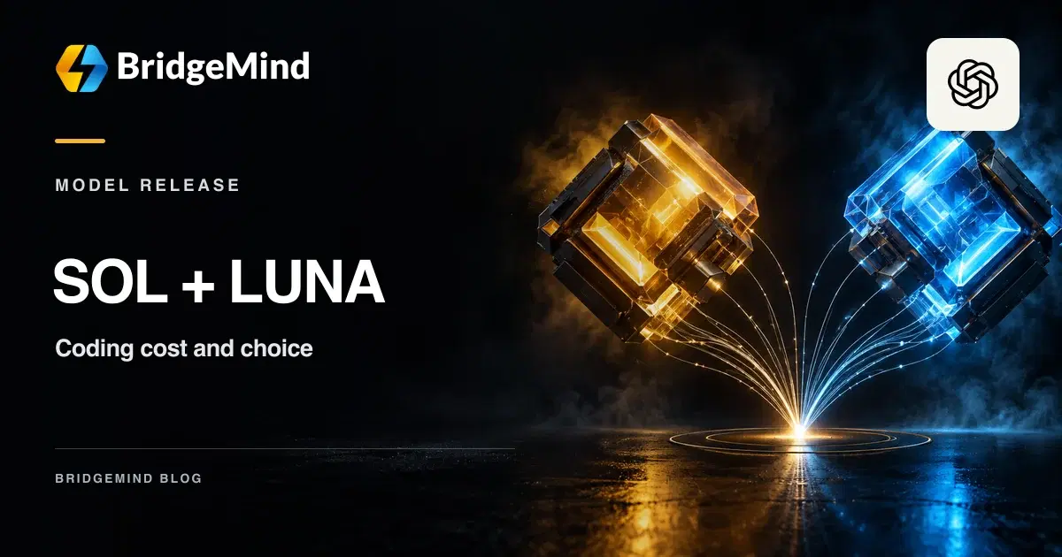 BridgeMind branded Sol and Luna cover with the OpenAI logo and two illuminated compute cores