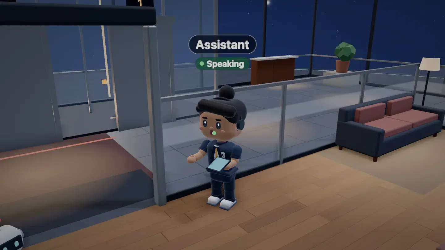 The floor’s assistant at the doorway, marked Speaking.