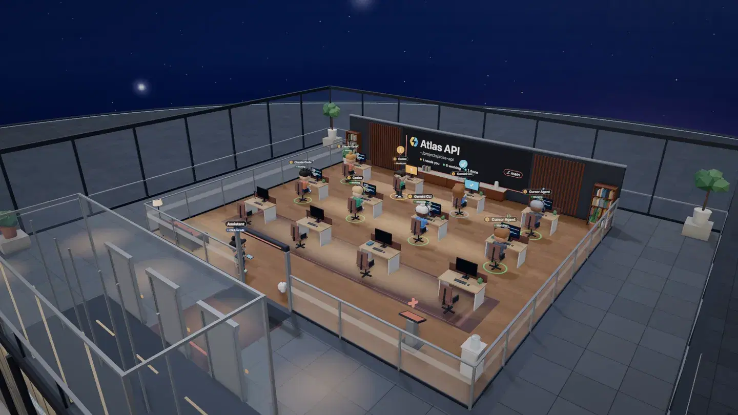 One floor of the tower from above: rows of desks, each with an agent at its monitor.