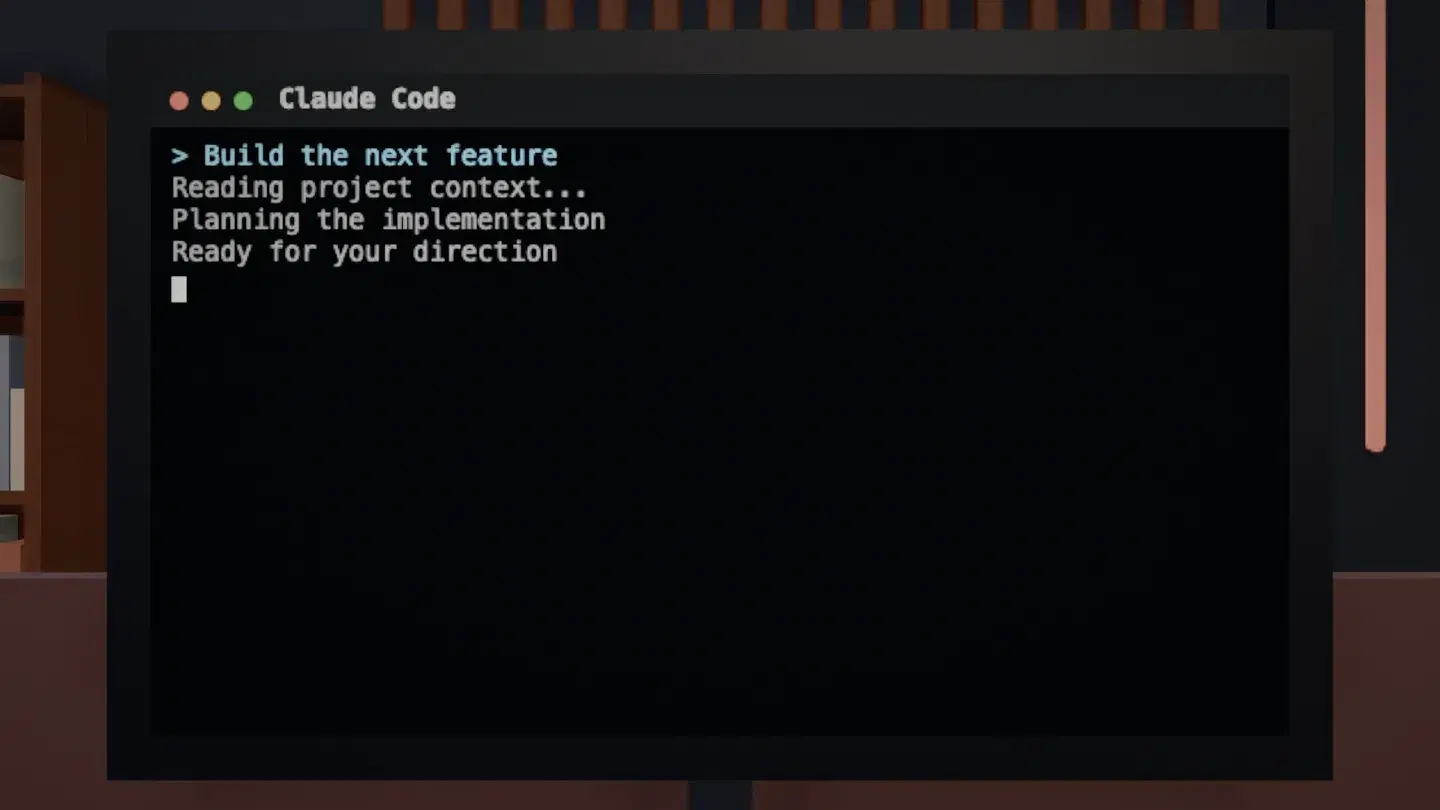 A Claude Code terminal opened from an agent’s desk, waiting for direction.