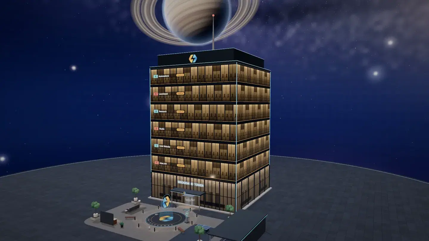 The BridgeVerse tower at night, one lit floor per workspace, with the plaza at its foot.
