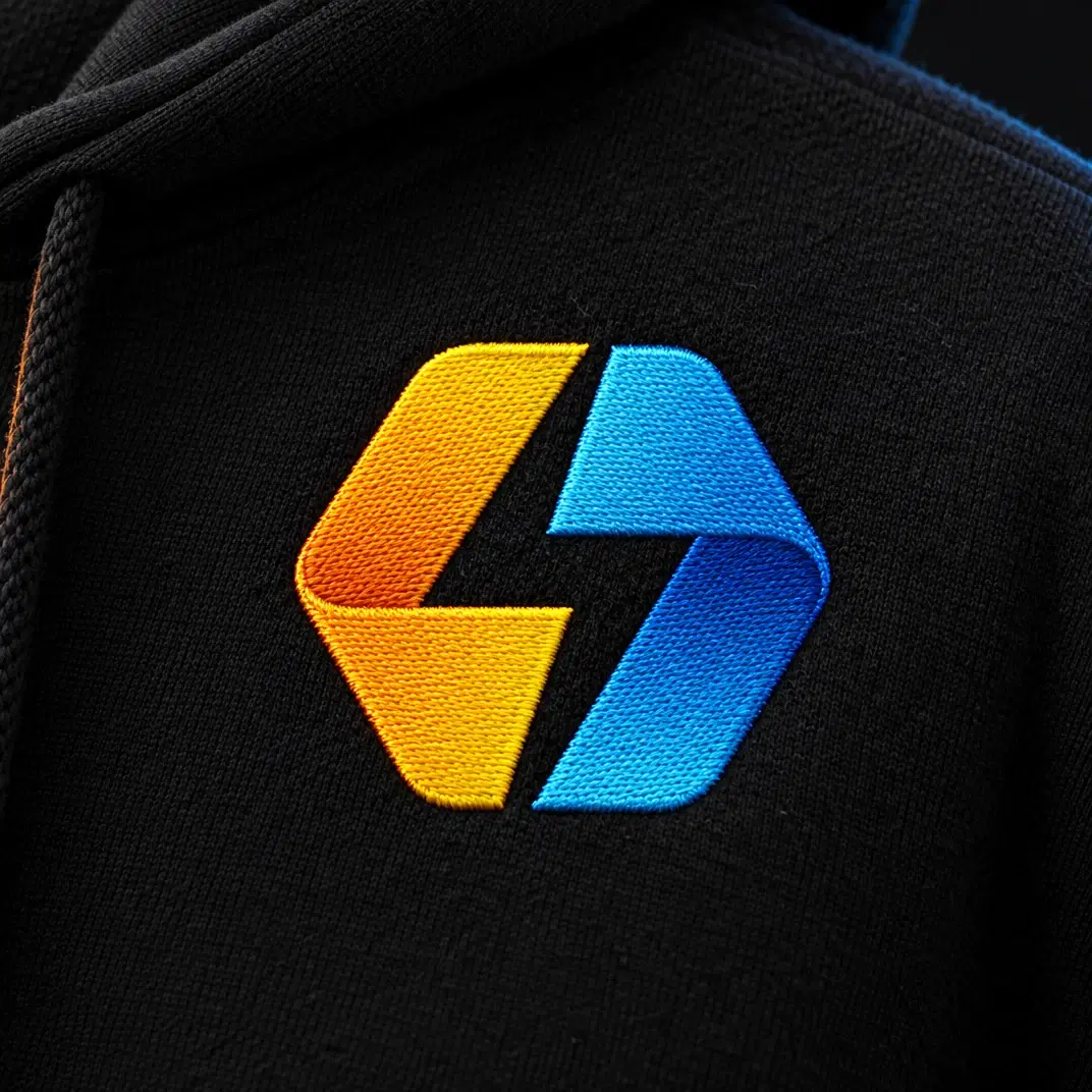 The mark of the BridgeMind hoodie, close up.