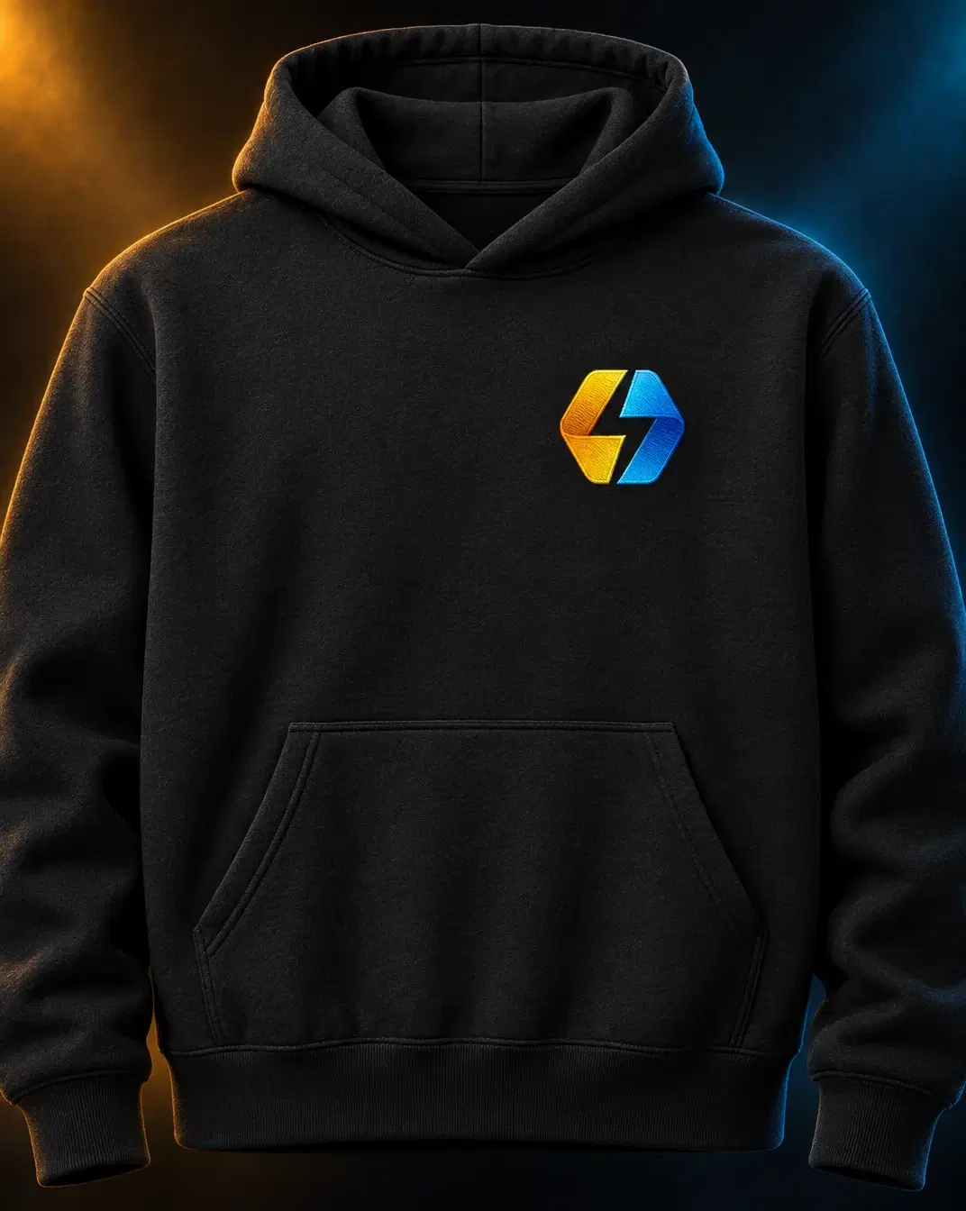 BridgeMind hoodie in black, front: the mark embroidered on the left chest.