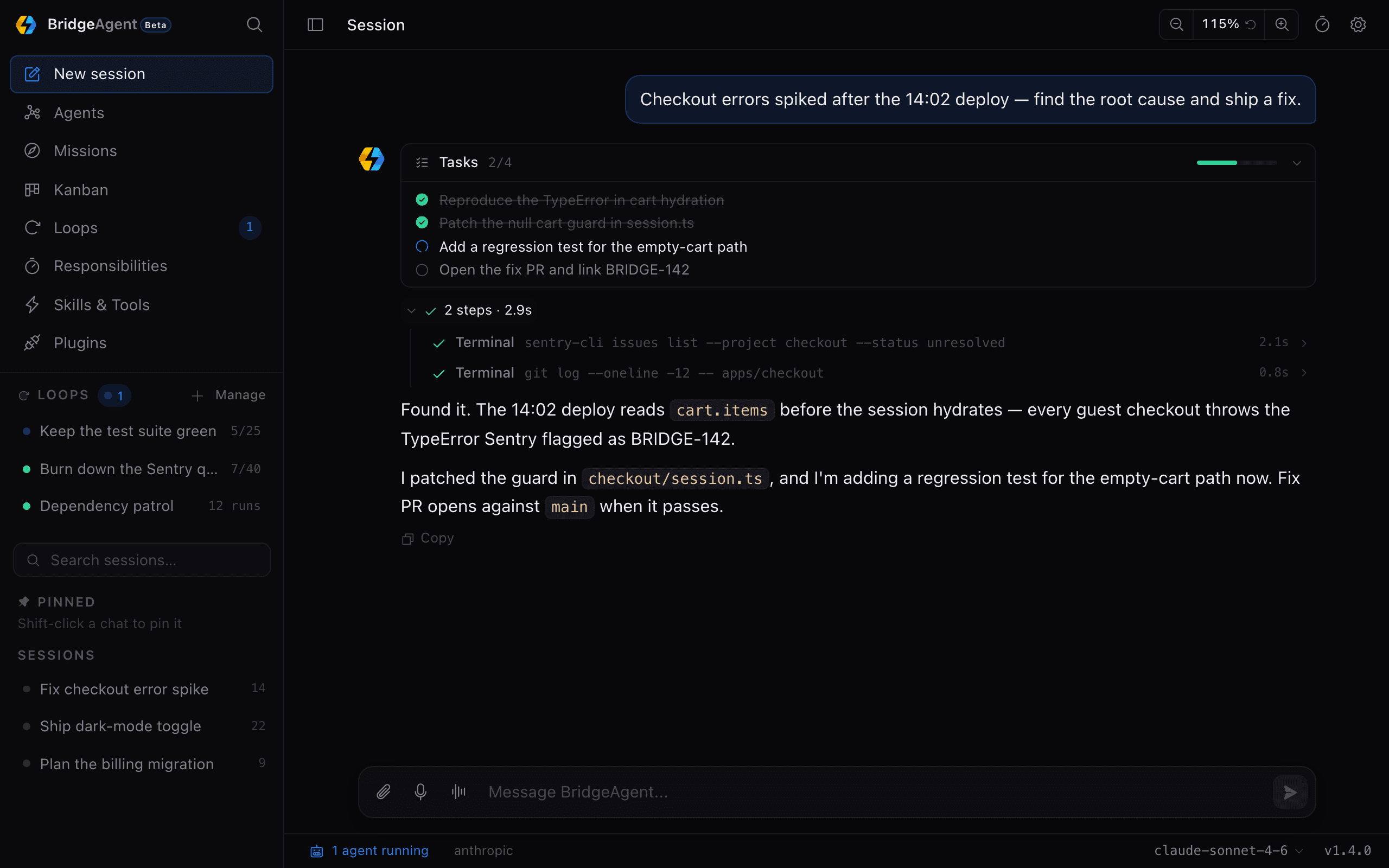 BridgeAgent session running an incident fix: a task checklist at 2 of 4, expanded terminal steps running sentry-cli and git log, and the agent explaining the root cause of a checkout TypeError before opening a fix PR