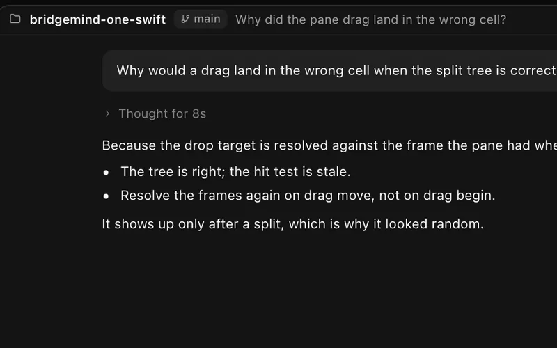 Thread mode: a coding question and the agent’s answer, read as a conversation.
